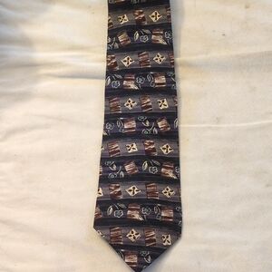 Men's Patterned Navy and Brown Silk Tie